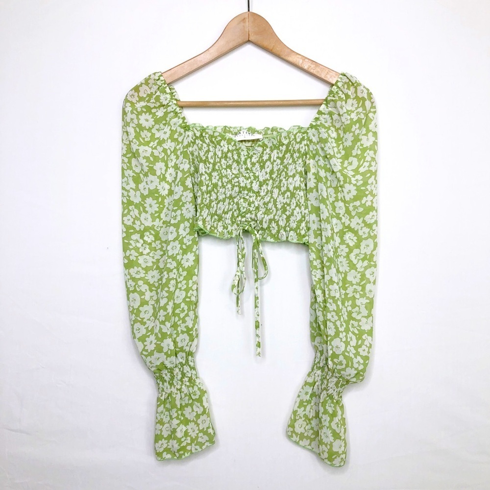 Native daughters, green floral, smocked cropped, sheer top